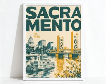 Affiche de Sacramento, décoration de voyage vintage, art mural représentant la skyline de Californie, impression physique 953