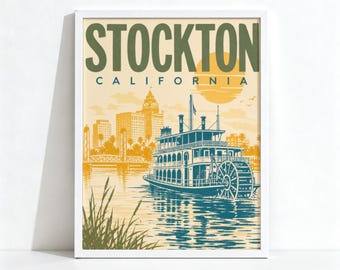 Stockton California Poster, Vintage Retro Travel Decor, Riverboat Steamboat Wall Art, Physical Print 1187