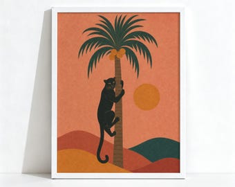 Black Panther Climbing Palm Tree Painting, Retro Desert Decor, Bold Tropical Animal Wall Art Print 1279