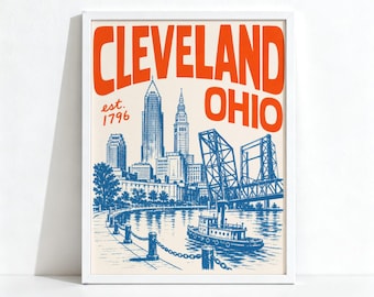 Cleveland Ohio Skyline Poster, Retro Travel Wall Art, Bold City Decor Print 1051