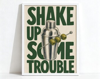 Martini Shaker Painting Illustration, Cocktail Bar Cart Decor, Quirky Dopamine Wall Art, Physical Print 1366