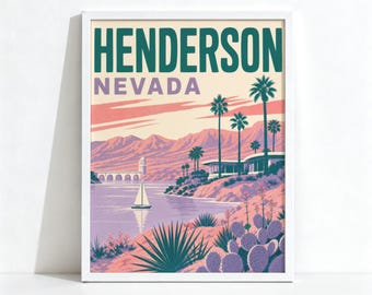 Henderson Nevada Travel Poster, Retro Desert Decor, Lake Mead Sailboat Wall Art, Physical Print 1156