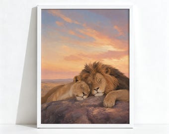 Lion and Lioness Painting, Pastel Sunset Safari Decor, Romantic Animal Wall Art, Physical Print 984