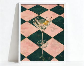 Martini Painting on Pink Checkerboard, Preppy Bar Cart Decor, Cocktail Wall Art, Physical Archival Print 1405