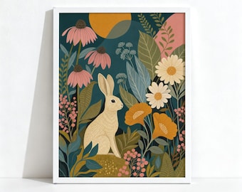 Rabbit Botanical Painting, Cottagecore Floral Decor, Wildflower Garden Wall Art, Physical Archival Print 1053