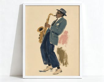 Jazz Saxophonist Painting, Retro Music Lover Decor, Eclectic Figurative Wall Art, Physical Archival Print 1243