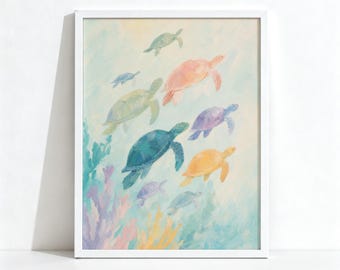 Pastel Sea Turtle Painting, Coastal Ocean Decor, Colorful Sea Animal Wall Art, Physical Print 1150