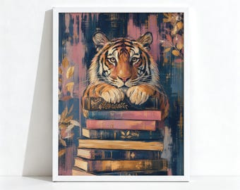 Tiger with Books Painting, Maximalist Decor, Eclectic Animal Wall Art, Physical Archival Print 1317