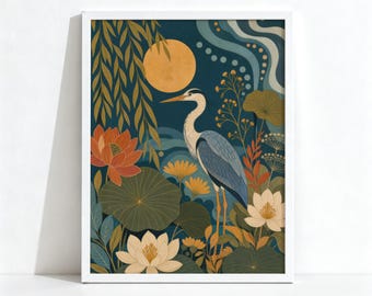 Blue Heron Painting, Botanical Decor with Lotus and Willow, Moody Nature Wall Art, Physical Archival Print 1195