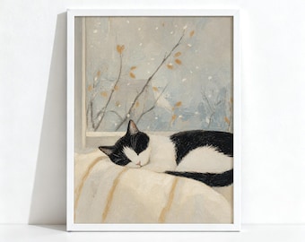 Tableau de chat tuxedo, Décoration hivernale chaleureuse et champêtre, Art mural chat endormi, Tirage d'art physique 1119