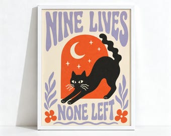 Black Cat Poster, Quirky Wall Art for Cat Lovers, Eclectic Bedroom Decor, Physical Print 1205