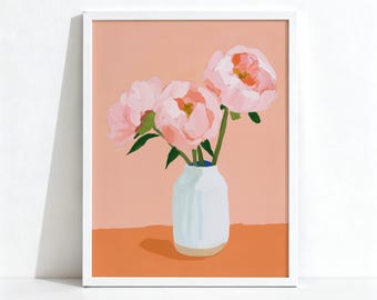 Roze pioenvaas kunst aan de muur, schilderachtig botanisch stilleven, perzik pastel bloemen decor, digitale download 907