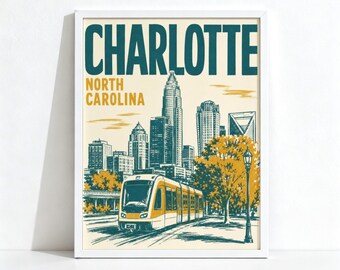 Affiche de Charlotte, Caroline du Nord, décoration de voyage vintage, art mural représentant la silhouette de la ville, impression physique 959
