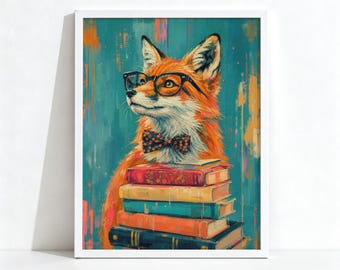 Fox with Books Painting, Quirky Animal Wall Art, Eclectic Maximalist Decor, Physical Archival Print 1254
