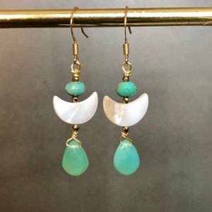 Modern Minimalist Moon and green opal drop Earrings, Gold Moon Earrings, Mother of Pearl Crescent Moon Earrings, Modern Green Opal Earrings