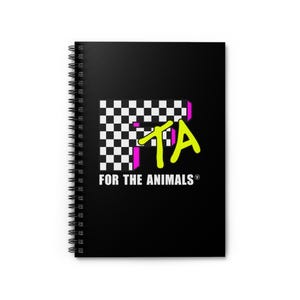 May include: Black spiral-bound notebook featuring the text "PETA FOR THE ANIMALS" in white. The design includes a checkered pattern, the letters "PETA" in neon green and pink, and the PETA logo.
