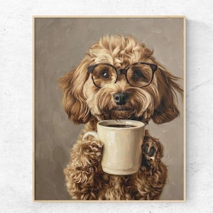 Cavapoo with Coffee Oil Painting Art Print | Dog with Glasses (Digital Download)