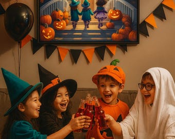 May include: A framed wall art print depicting three children walking toward a house decorated for Halloween, surrounded by orange and black balloons, triangular bunting, and a table with a glowing jack-o'-lantern and small bowls of treats.