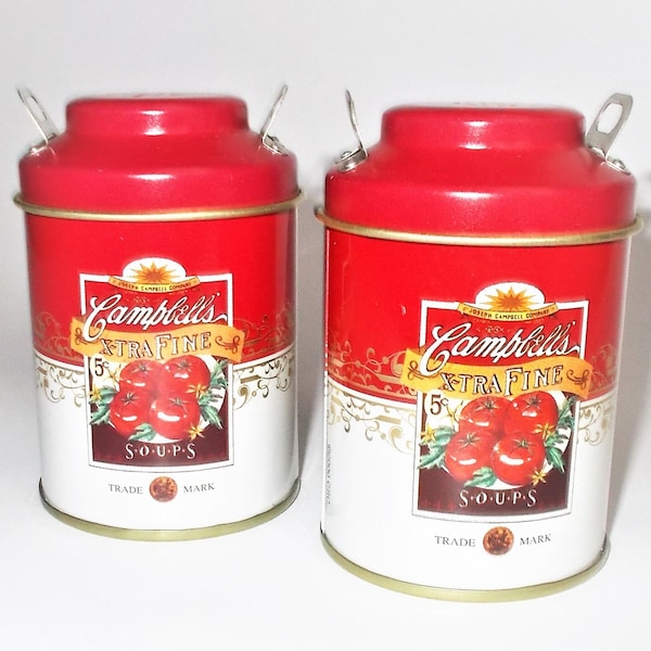 Campbells Soup Salt & Pepper Shakers - Tomato Soup Cans - Vintage Novelty Tins in Original Box