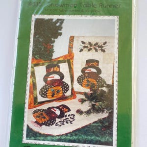 May include: A package featuring a snowman table runner and pillows. The table runner is 14 inches by 29 inches. The design includes a snowman wearing a top hat and a scarf, with a festive holiday theme.