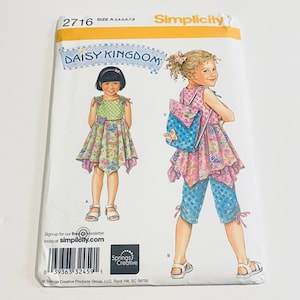 May include: Simplicity sewing pattern 2716, featuring a Daisy Kingdom design. The pattern includes illustrations of children's clothing, including a dress and capri pants. The pattern's size range is A 3,4,5,6,7,8. The packaging is white with colorful illustrations.