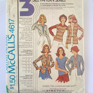 McCall&#39;s 4617 Vintage Sewing Pattern, Misses&#39; Top, Cardigan and Shirt, 1970s, Size 8, 10, and 12