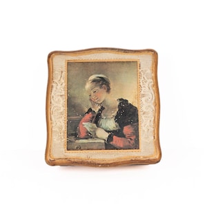 Vintage Florentine Box, Italian Wooden Box, &quot;La Lettre&quot; by Jean Honore Fragonard, 6&quot; x 6.5&quot;