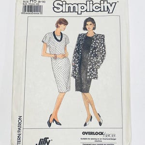 May include: Simplicity sewing pattern featuring two women's fashion designs. One woman is wearing a white polka dot dress, and the other is wearing a black dress with a floral print jacket. The pattern is size H5 (6-14).