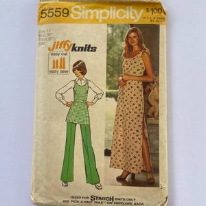 Simplicity 5559 Sewing Pattern, Misses&#39; Jiffy Knit Dress or Tunic and Pants, Size 12 Miss, 1970s, Vintage, Stretch Knits Only, Cut