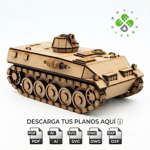 Puede incluir: Un modelo de tanque militar de madera cortado a láser con torreta, orugas y paneles detallados. La imagen incluye el texto "DESCARGA TUS PLANOS AQUÍ" e iconos para formatos de archivo PDF, AI, SVG, DWG y DXF, junto al logo de MULTI DISEÑO.