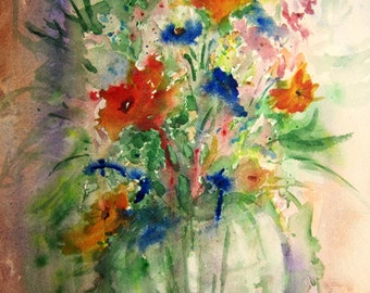 Flower Vase Print Of Original Watercolor Painting, floral painting, watercolor art, flower art, home decor wall art still life.