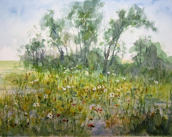 Watercolor painting, archival print, landscape painting, meadow wildflowers, nature painting, country meadow, summer wildflower field