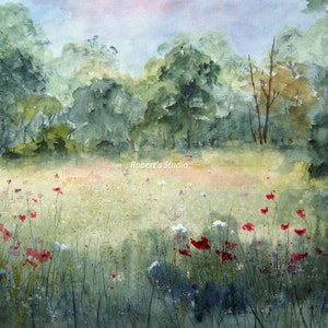 Meadow, watercolor painting, archival print, landscape painting, meadow wildflowers, nature painting, woodland meadow, summer meadow