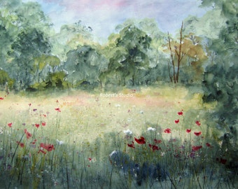 Meadow, watercolor painting, archival print, landscape painting, meadow wildflowers, nature painting, woodland meadow, summer meadow