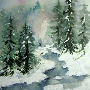 May include: Watercolor painting of a snowy winter landscape. Evergreen trees line the snowy banks of a stream. The sky is a mix of pale blue, pink, and gray, with a light snowfall.
