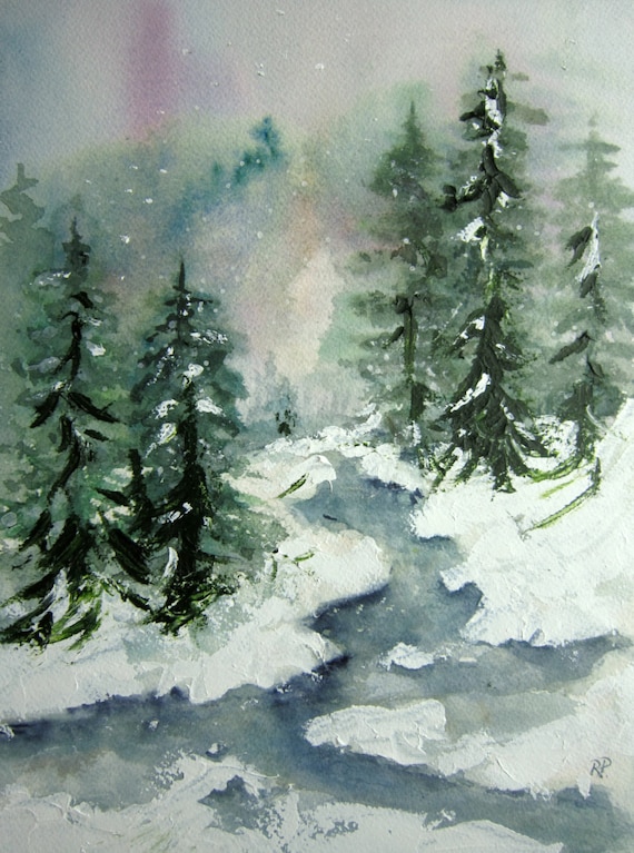 Winter Brook, Print of Original Watercolor Landscape Painting, winter painting, winter landscape, snow painting, winter stream, winter snow.