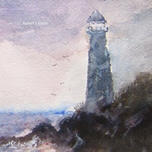 May include: A watercolor painting of a lighthouse on a rocky cliff with a cloudy sky and sea in the background. The lighthouse is gray and has a white roof. The sky is a soft purple and pink. The sea is a light blue. The painting is signed "Robert's Studio" in the upper left corner.