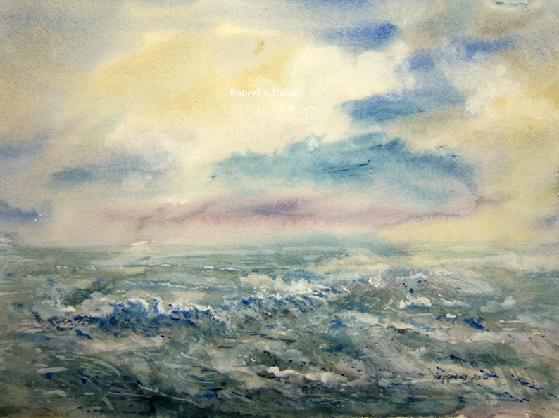 Seascape, archival print, watercolor landscape painting, ocean watercolor, ocean painting, beach, nautical art, ocean decor, watercolor art. image 1