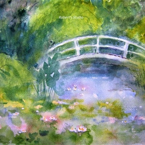 Print of Original Watercolor landscape painting, Water Lily Pond, watercolor art, scenic landscape, summer landscape, water lilies