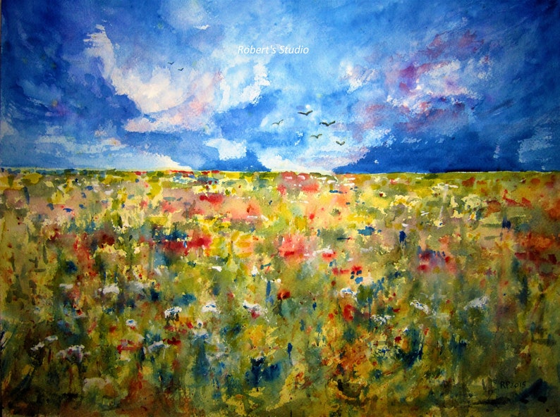 Watercolor painting, archival print, landscape painting, meadow wildflowers, nature painting, country meadow, summer wildflower field image 1