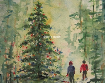 Christmas Painting Christmas Tree, Print of Original Watercolor Painting, winter snow landscape, snow sledding watercolor print, holiday art