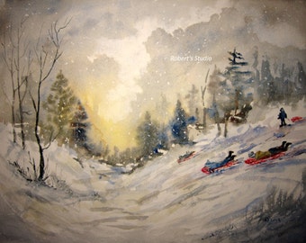 Fine Art Print of original watercolor landscape painting, winter art print, winter landscape, snow painting, watercolor art, snow sledding.