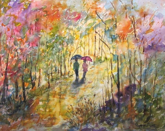 Watercolor Painting Print, autumn painting, autumn walk, watercolor landscape, archival print, scenic nature fall painting, watercolor art.