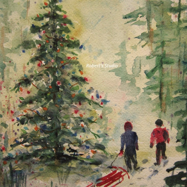 Christmas Painting, Christmas Tree, Print of Original Watercolor Painting, winter snow landscape, holiday painting, Christmas wall decor.