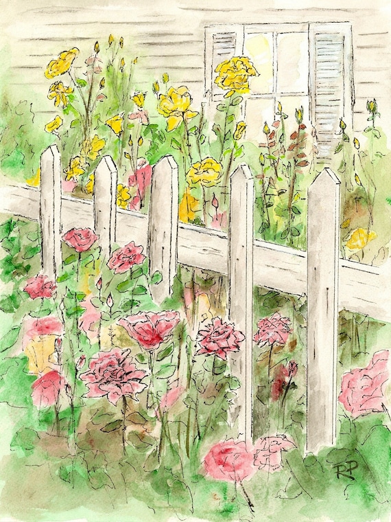 garden watercolor cottage print flower rose landscape painting drawing etsy summer illustration peppers favorites sold