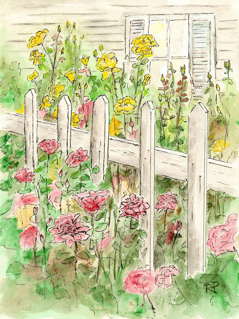 garden cottage watercolor clipart flower landscape rose painting flowers paintings drawing summer frame illustration peppers favorites revisit later sold