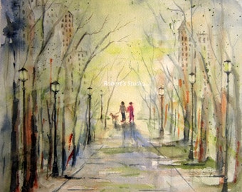 City Walk, Print Of Original Watercolor Painting, watercolor art, watercolor print, park walk, city watercolor, couple walking a dog.
