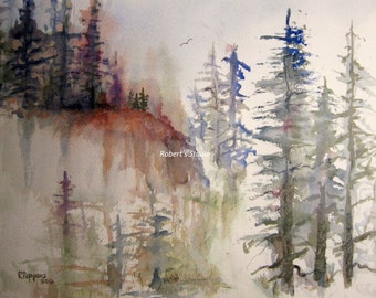 A Mountain Pass, Print of Original Watercolor Painting, landscape painting,watercolor art,forest landscape,mountain painting,tree art