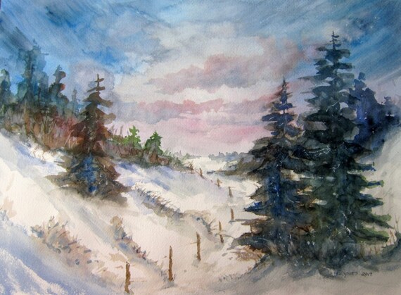 Winter Landscape, watercolor landscape, archival print, winter painting, winter trees, scenic painting, woodland snow scene, watercolor art