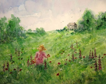 Watercolor painting archival print, landscape painting, picking meadow wildflowers, nature painting, country meadow, summer wildflower field